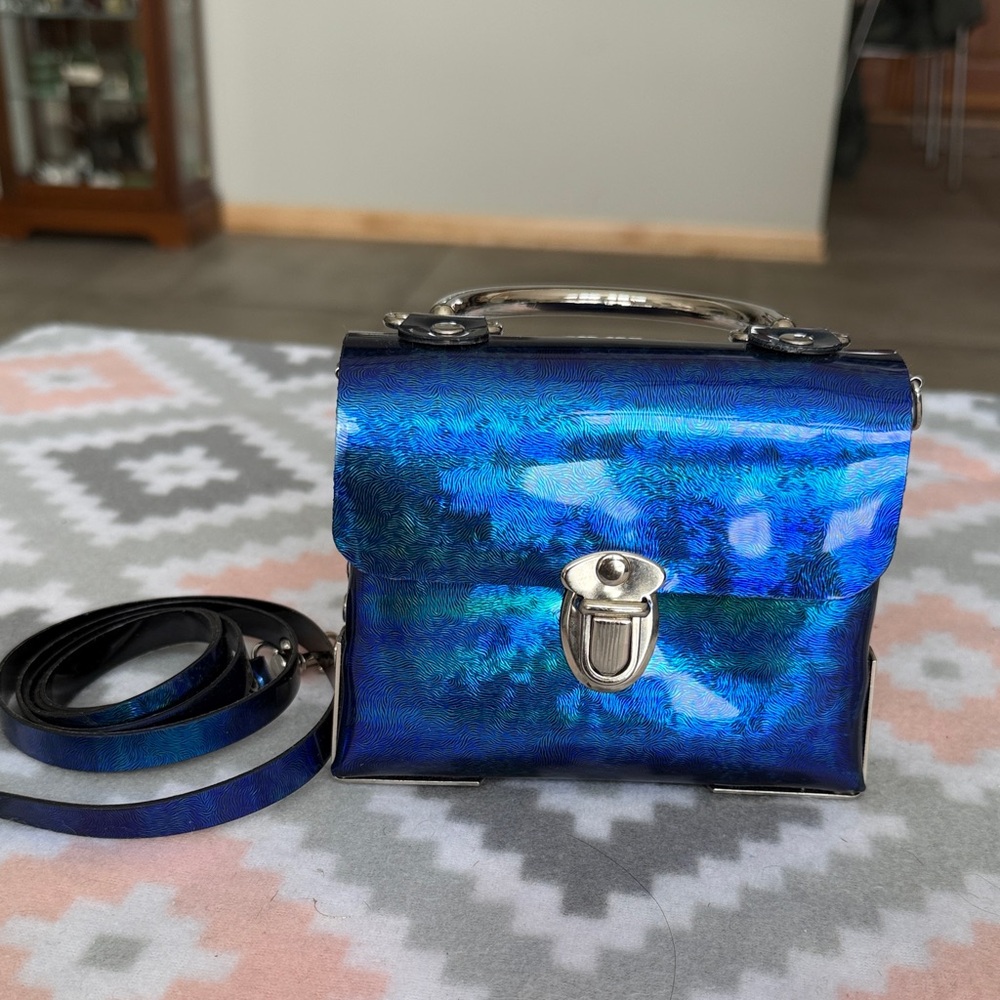 Iridescent Blue Vinyl Mini Satchel with Crossbody strap Bag